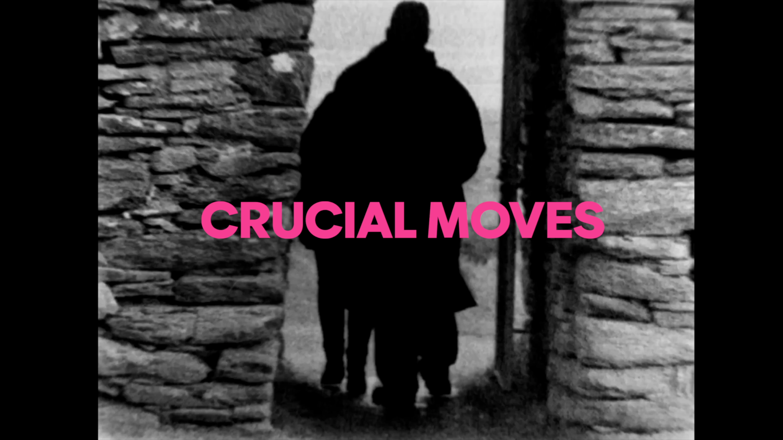 Crucial Moves documentary artwork with pink lettering over Super 8 footage